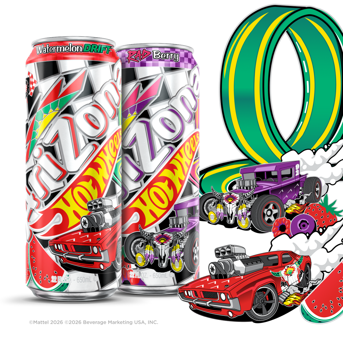 Two Hot Wheels energy drink cans with colorful custom graphics, alongside a large green and yellow ring and cartoon hot rods, strawberries, and watermelon slices on a white background.