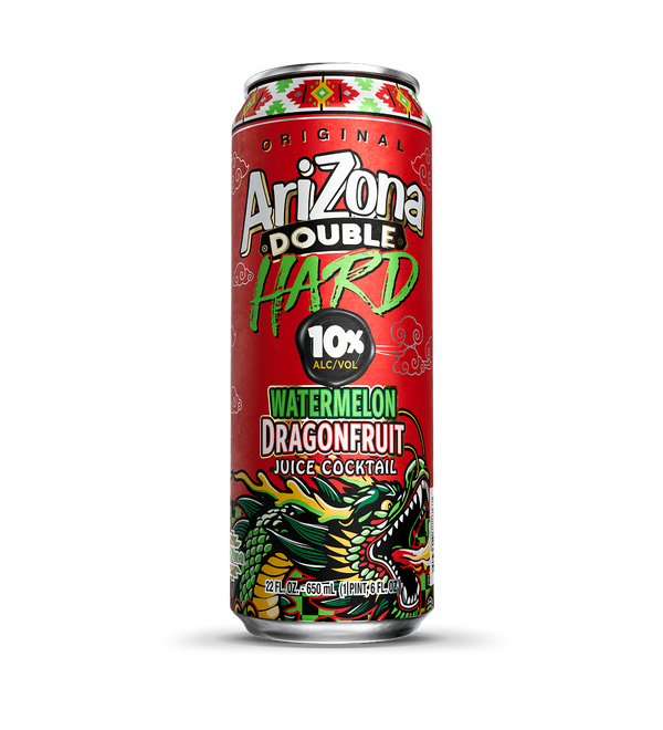 A 12 fl oz aluminum can of Arizona Double Hard Watermelon Dragonfruit Juice Cocktail, featuring a vibrant red label with a green dragon illustration and white and green branding text.