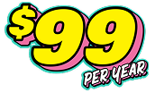 A stylized promotional graphic reading $99 PER YEAR with large yellow numerals and pink, blue, and black outlines on a white background.